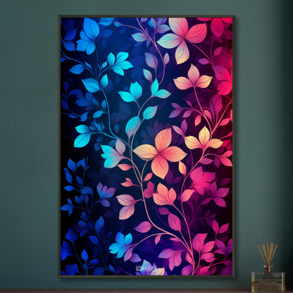 Bunte Blätter in Blauen und Pinken Farben auf einem Poster im Metallrahmen