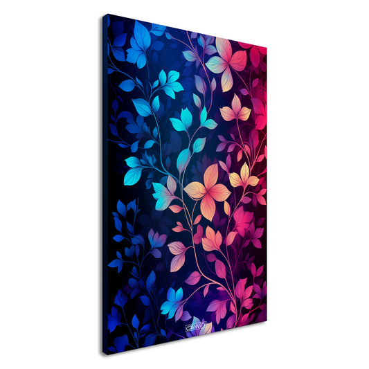 Bunte Blätter in Blauen und Pinken Farben auf einer Leinwand