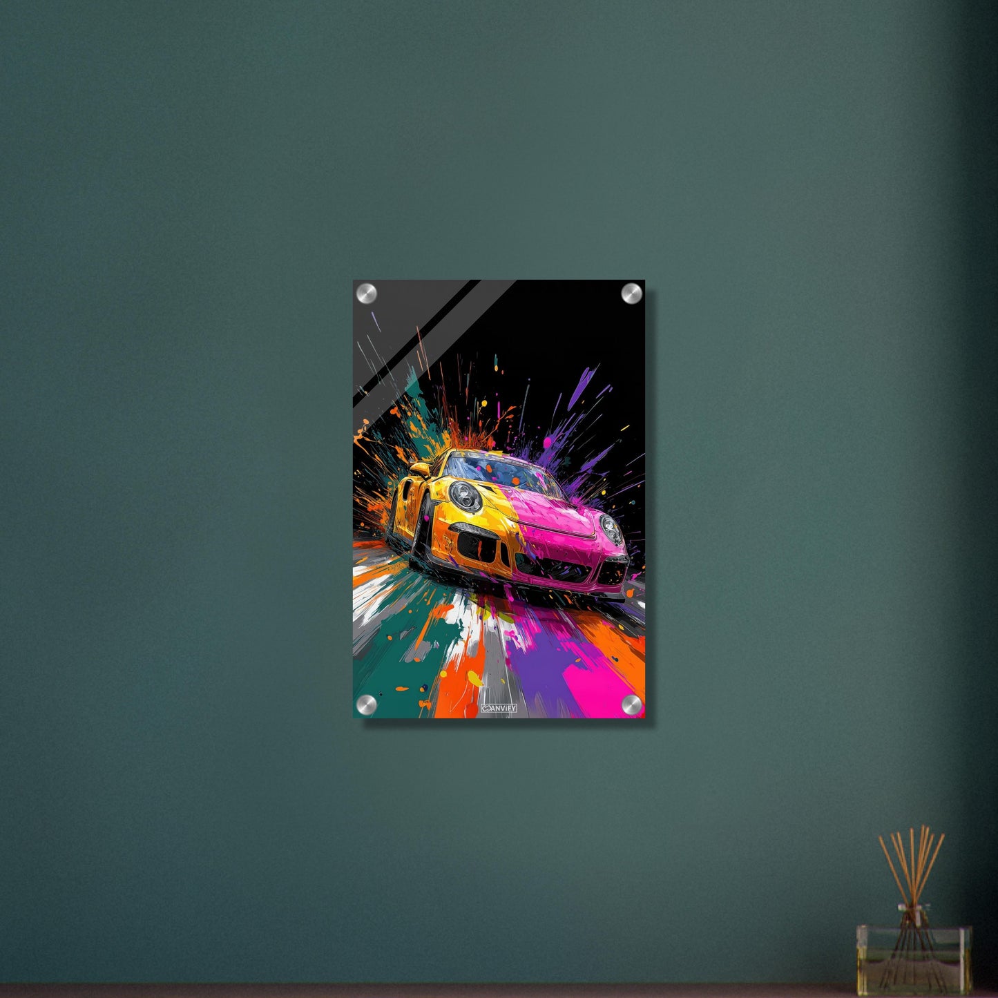 Porsche 911 in bunten Acrylfarben auf einem Acrylbild