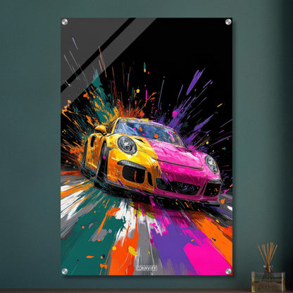 Porsche 911 in bunten Acrylfarben auf einem Acrylbild