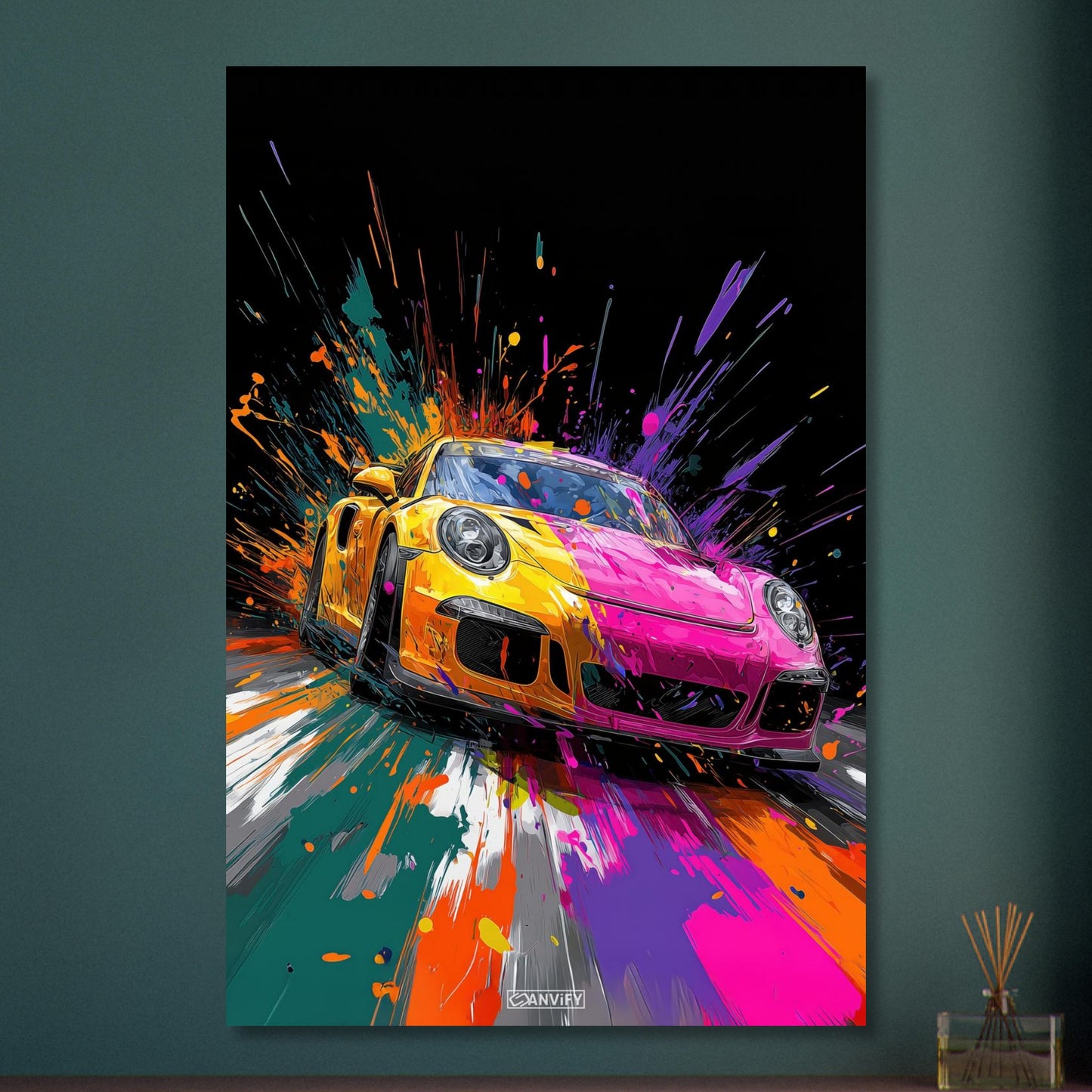 Porsche 911 in bunten Acrylfarben auf Aluminium