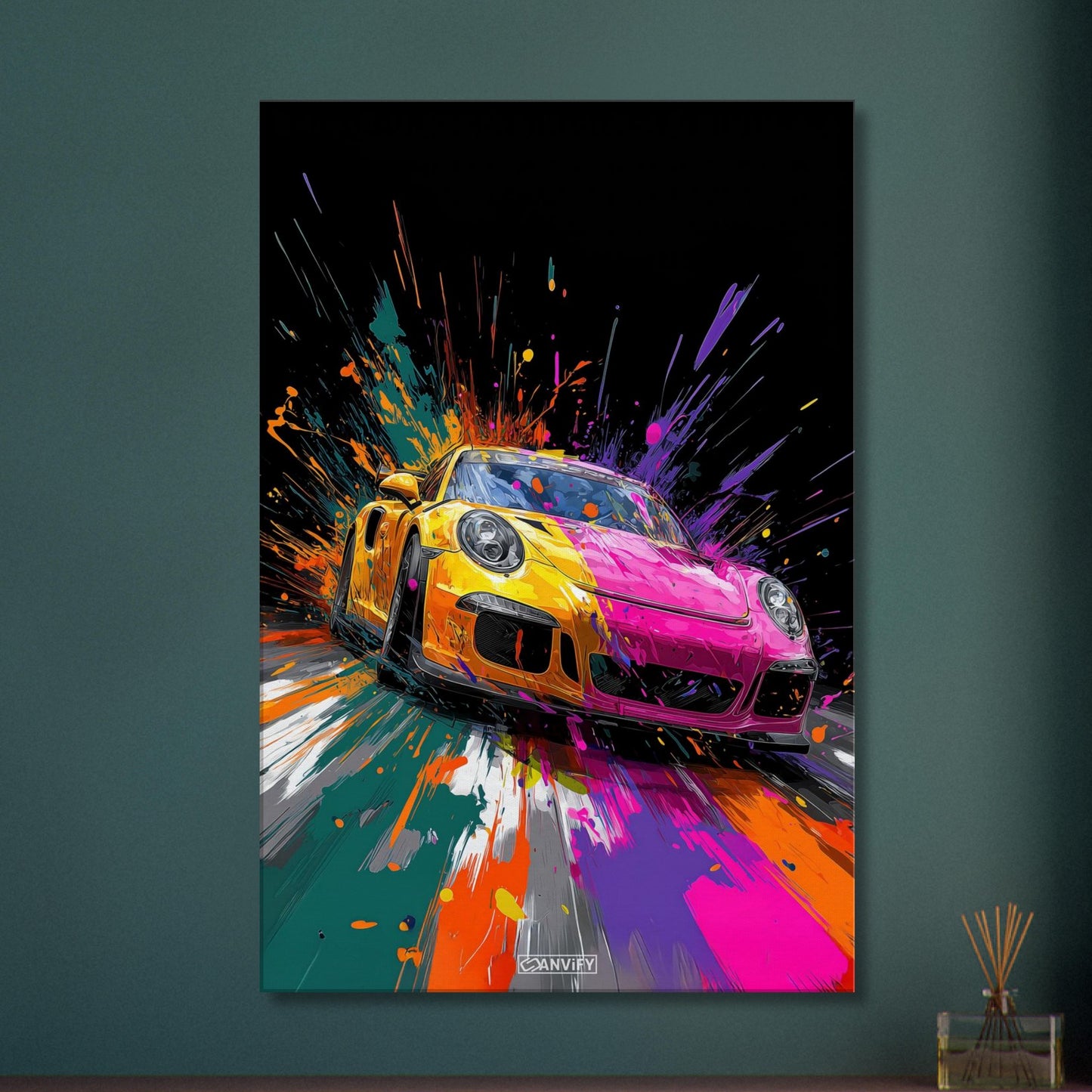 Porsche 911 in bunten Acrylfarben auf einer Leinwand
