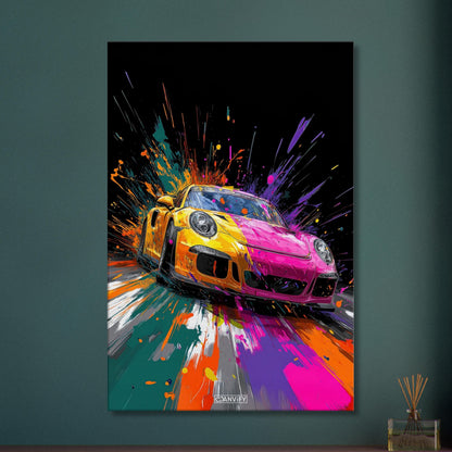 Porsche 911 in bunten Acrylfarben auf einer Leinwand