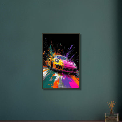 Porsche 911 in bunten Acrylfarben auf einem Poster im Metallrahmen
