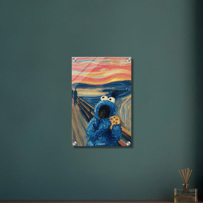 Blaues Krümelmonster oder auch Keksmonster genannt im Stil von The Scream und Vincent van Gogh auf einem Acrylbild