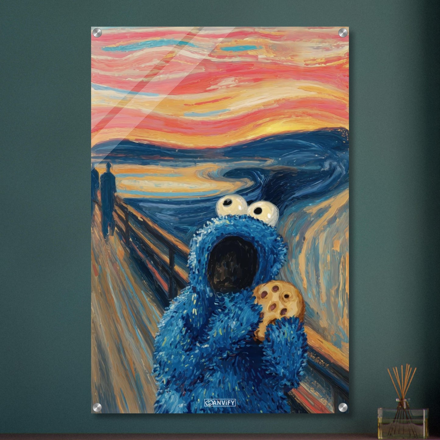 Blaues Krümelmonster oder auch Keksmonster genannt im Stil von The Scream und Vincent van Gogh auf einem Acrylbild