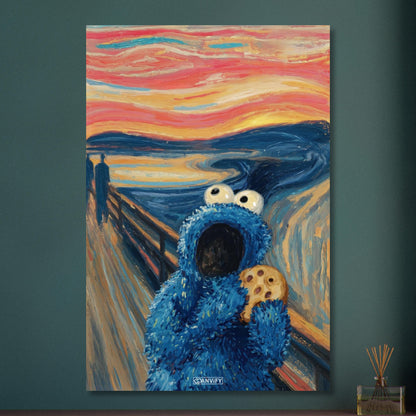 Blaues Krümelmonster oder auch Keksmonster genannt im Stil von The Scream und Vincent van Gogh auf Aluminium