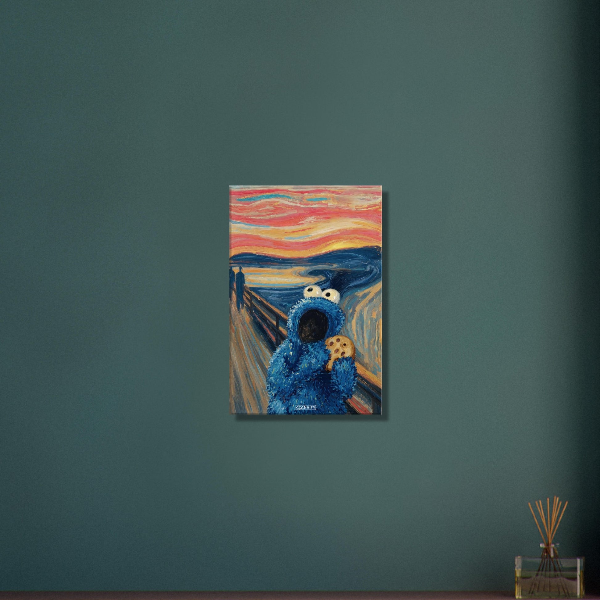 Blaues Krümelmonster oder auch Keksmonster genannt im Stil von The Scream und Vincent van Gogh auf einer Leinwand