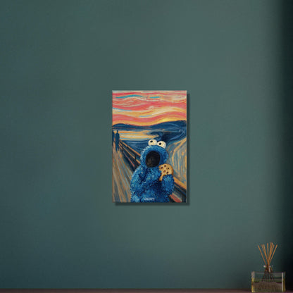 Blaues Krümelmonster oder auch Keksmonster genannt im Stil von The Scream und Vincent van Gogh auf einer Leinwand