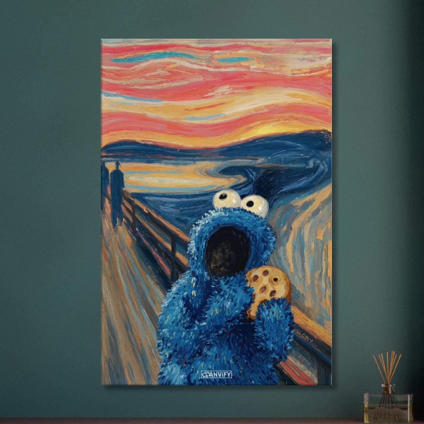 Blaues Krümelmonster oder auch Keksmonster genannt im Stil von The Scream und Vincent van Gogh auf einer Leinwand