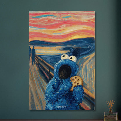Blaues Krümelmonster oder auch Keksmonster genannt im Stil von The Scream und Vincent van Gogh auf einer Leinwand