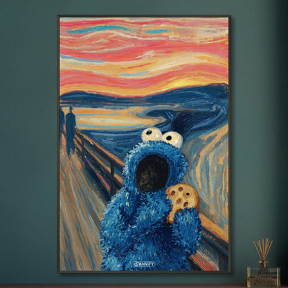Blaues Krümelmonster oder auch Keksmonster genannt im Stil von The Scream und Vincent van Gogh auf einem Poster im Metallrahmen