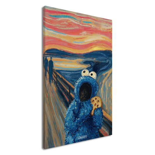 Blaues Krümelmonster oder auch Keksmonster genannt im Stil von The Scream und Vincent van Gogh auf einer Leinwand