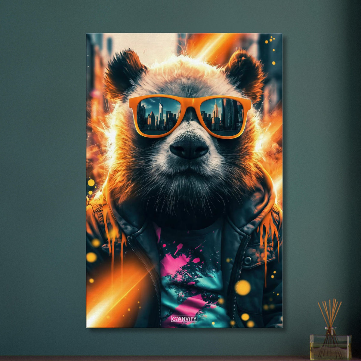 Cooler Panda mit Sonnenbrille im Street Art-Stil auf einer Leinwand