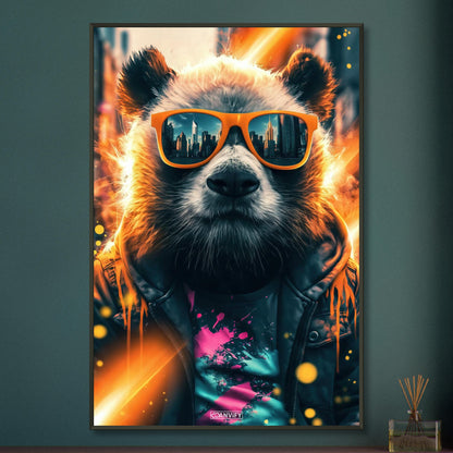 Cooler Panda mit Sonnenbrille im Street Art-Stil auf einem Poster im Metallrahmen