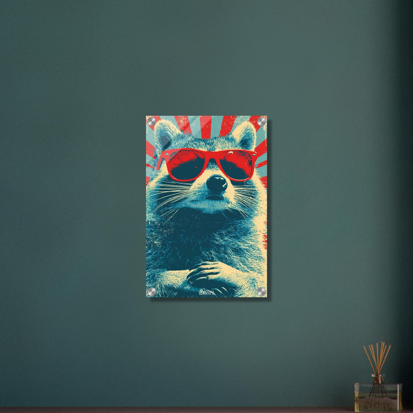 Cooler Waschbär mit roter Sonnenbrille im Pop Art Stil von Andy Warhol auf einem Acrylbild