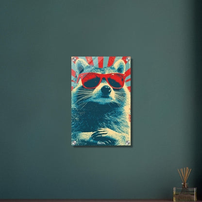 Cooler Waschbär mit roter Sonnenbrille im Pop Art Stil von Andy Warhol auf einem Acrylbild
