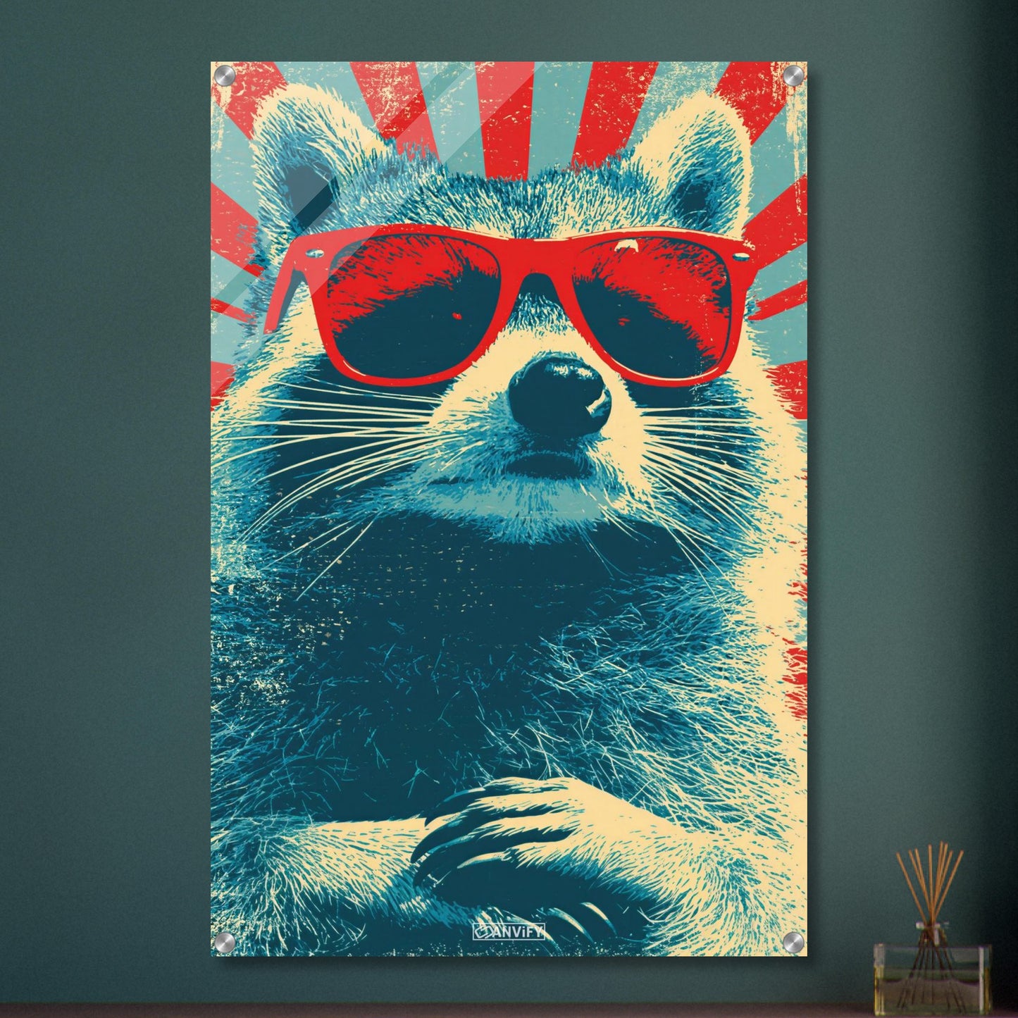 Cooler Waschbär mit roter Sonnenbrille im Pop Art Stil von Andy Warhol auf einem Acrylbild
