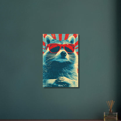 Cooler Waschbär mit roter Sonnenbrille im Pop Art Stil von Andy Warhol auf Aluminium