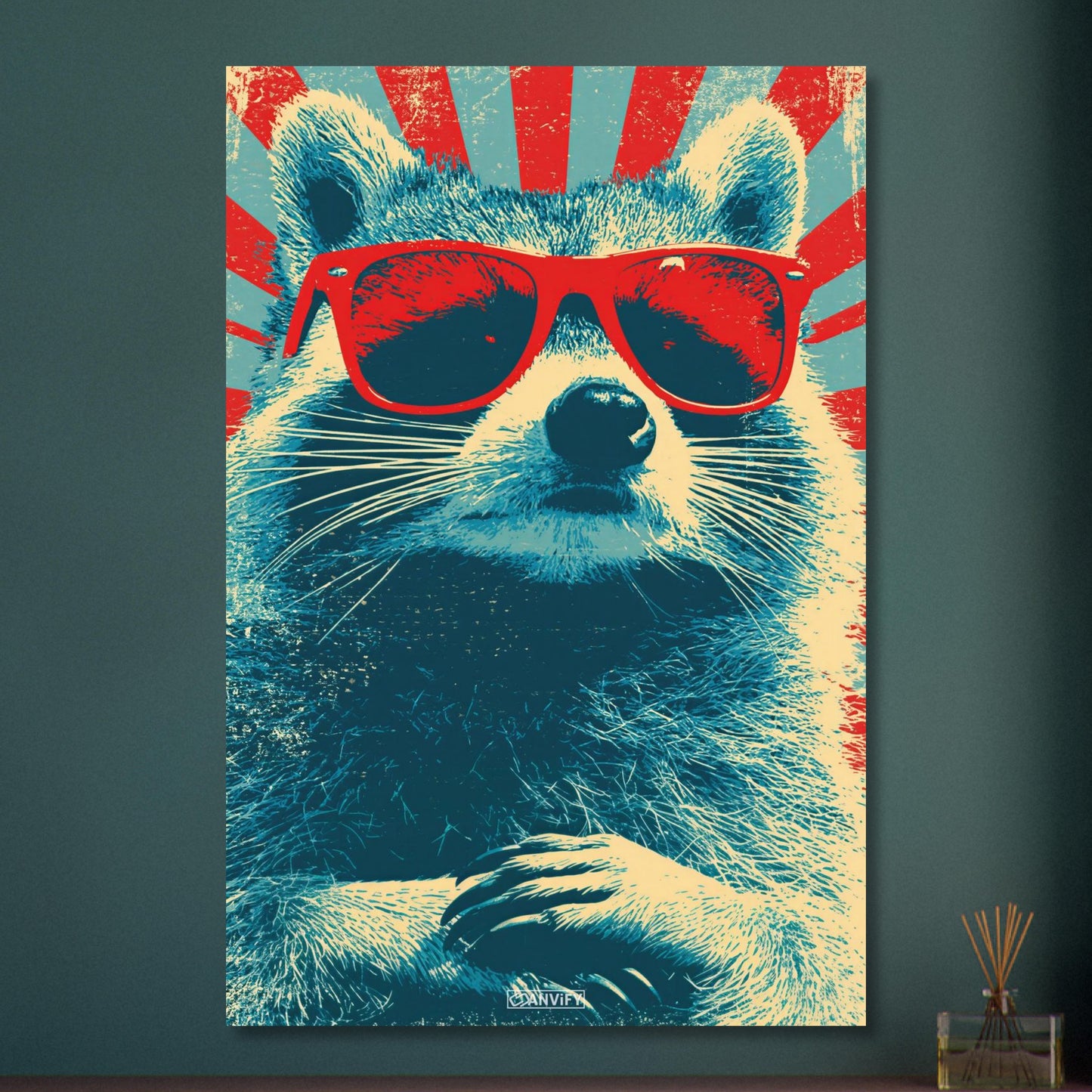 Cooler Waschbär mit roter Sonnenbrille im Pop Art Stil von Andy Warhol auf Aluminium