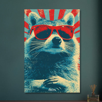 Cooler Waschbär mit roter Sonnenbrille im Pop Art Stil von Andy Warhol auf einer Leinwand