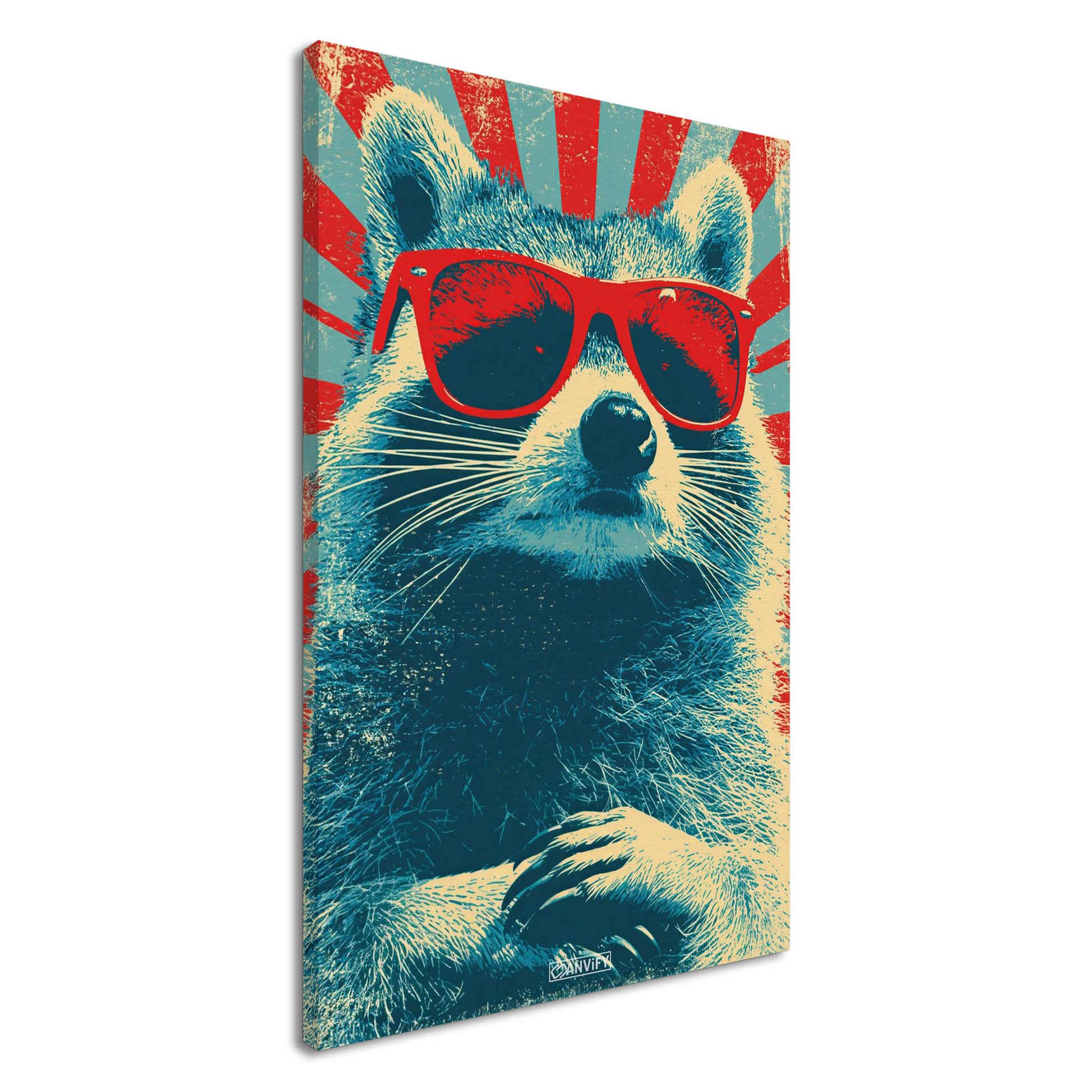 Cooler Waschbär mit roter Sonnenbrille im Pop Art Stil von Andy Warhol auf einer Leinwand