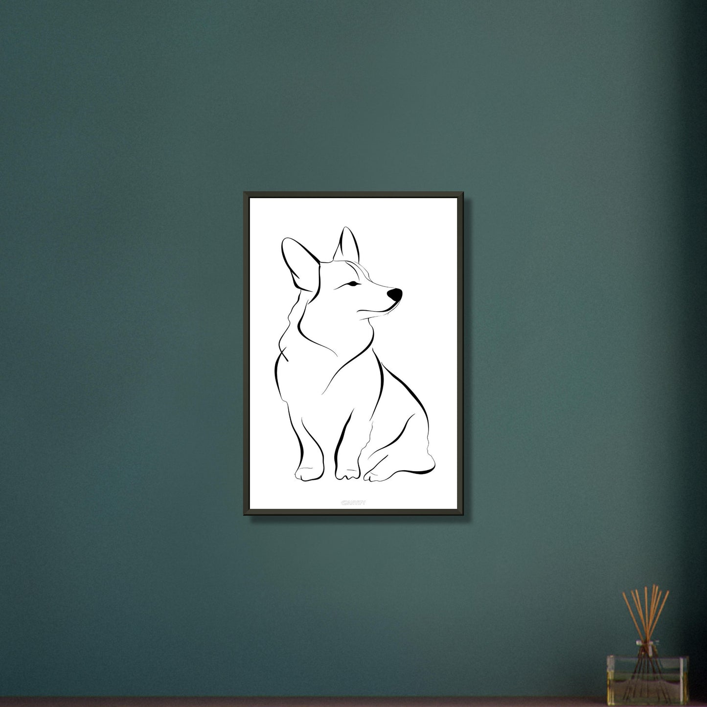 Welsh Corgi mit einer Linie gezeichnet auf einem Poster im Metallrahmen