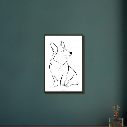 Welsh Corgi mit einer Linie gezeichnet auf einem Poster im Metallrahmen