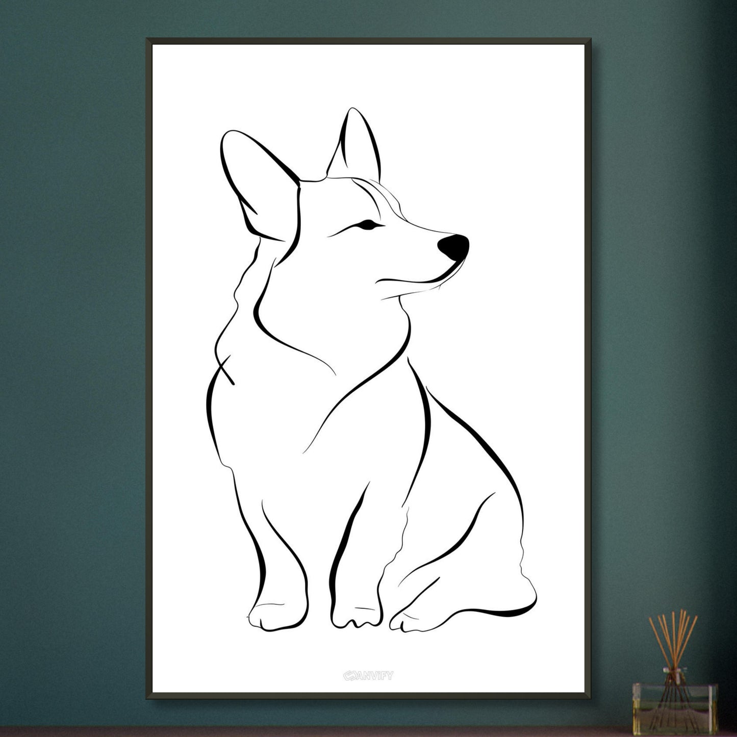 Welsh Corgi mit einer Linie gezeichnet auf einem Poster im Metallrahmen