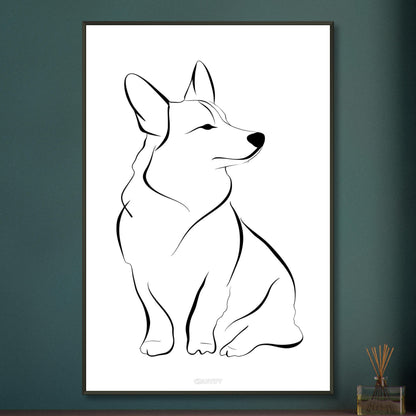 Welsh Corgi mit einer Linie gezeichnet auf einem Poster im Metallrahmen