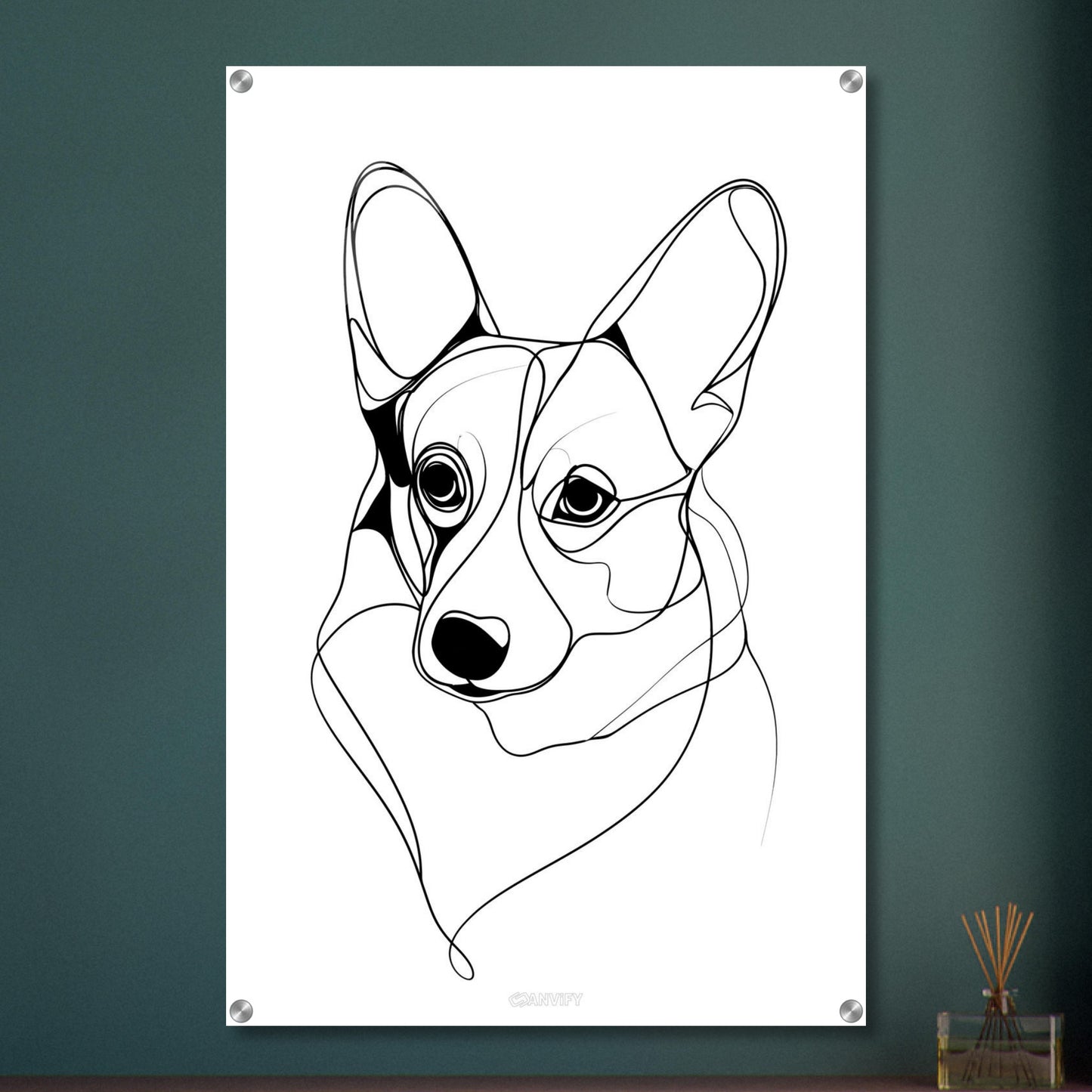 Welsh Corgi Portrait gezeichnet mit einer Linie auf einem Acrylbild