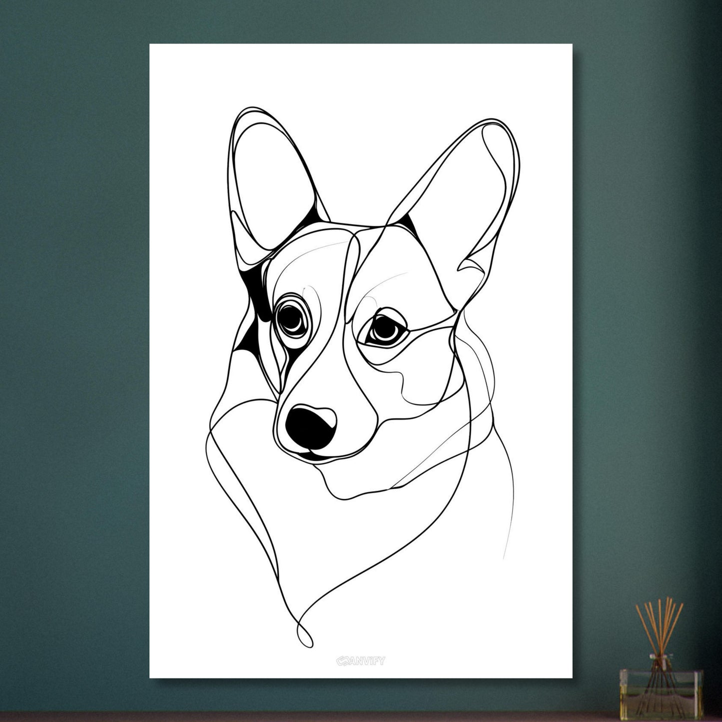 Welsh Corgi Portrait gezeichnet mit einer Linie auf Aluminium