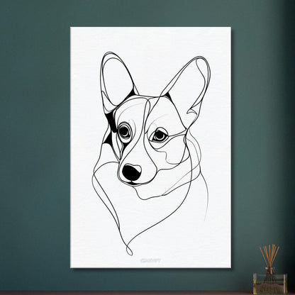 Welsh Corgi Portrait gezeichnet mit einer Linie auf einer Leinwand