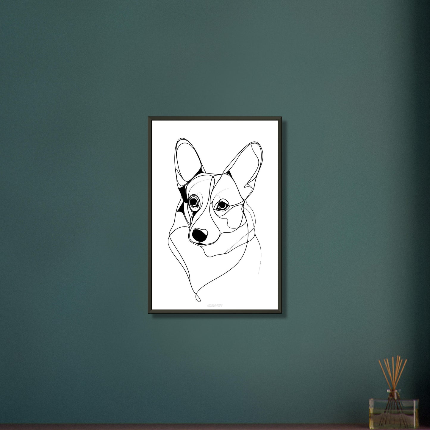 Welsh Corgi Portrait gezeichnet mit einer Linie auf einem Poster im Metallrahmen