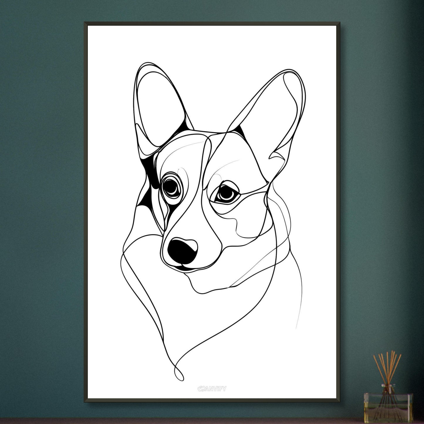 Welsh Corgi Portrait gezeichnet mit einer Linie auf einem Poster im Metallrahmen