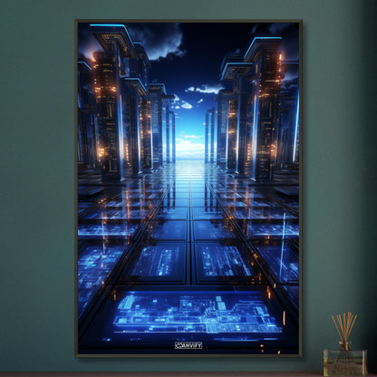 Kosmisches Datenzentrum von Tech-Giganten für künstliche Intelligenz auf einem Poster im Metallrahmen