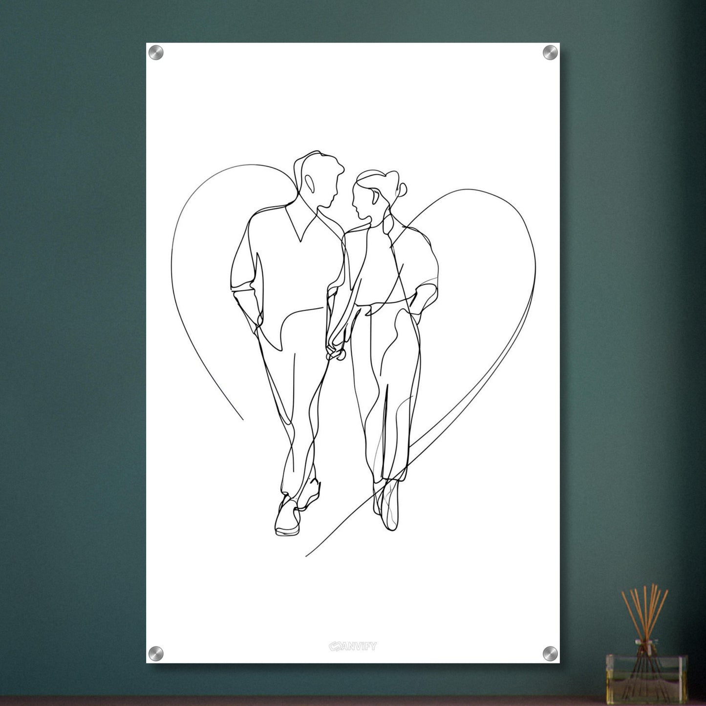 Mann und Frau halten Händchen gezeichnet mit einer Linie auf einem Acrylbild