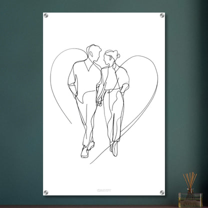 Mann und Frau halten Händchen gezeichnet mit einer Linie auf einem Acrylbild