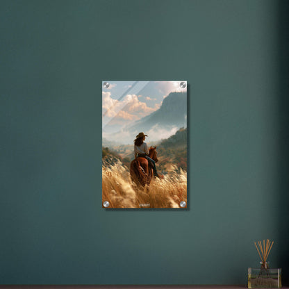 Cowgirl auf einem braunen Pferd im Weizenfeld vor einer Berglandschaft auf einem Acrylbild
