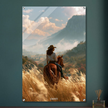 Cowgirl auf einem braunen Pferd im Weizenfeld vor einer Berglandschaft auf einem Acrylbild