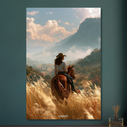 Cowgirl auf einem braunen Pferd im Weizenfeld vor einer Berglandschaft auf Aluminium