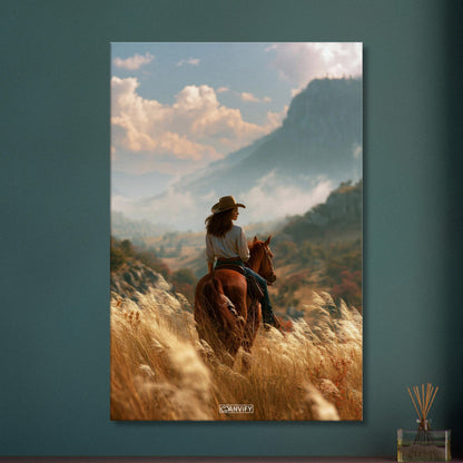 Cowgirl auf einem braunen Pferd im Weizenfeld vor einer Berglandschaft auf einer Leinwand