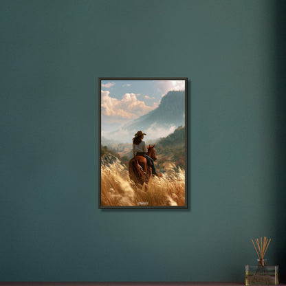 Cowgirl auf einem braunen Pferd im Weizenfeld vor einer Berglandschaft auf einem Poster im Metallrahmen