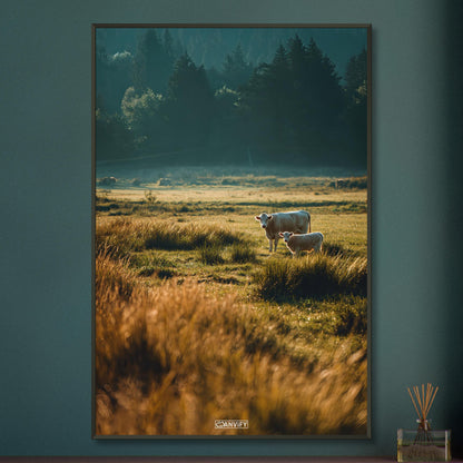 Kühe auf der Wiese auf einem Poster im Metallrahmen