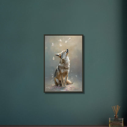 Kojote und Schmetterlinge auf einem Poster im Metallrahmen