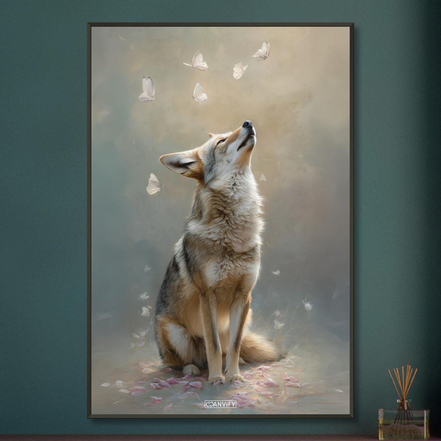 Kojote und Schmetterlinge auf einem Poster im Metallrahmen
