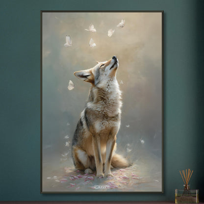 Kojote und Schmetterlinge auf einem Poster im Metallrahmen