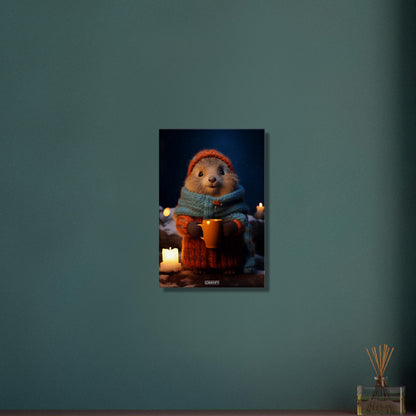 Murmeltier mit Mütze, Schal und Wolljacke und einer Tasse Kakao in einer Winternacht im Schnee auf einer Leinwand