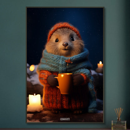 Murmeltier mit Mütze, Schal und Wolljacke und einer Tasse Kakao in einer Winternacht im Schnee auf einem Poster im Metallrahmen