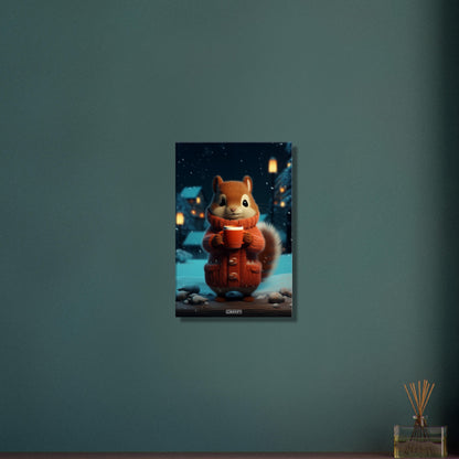 Eichhörnchen mit einer Wolljacke und einer Tasse mit Kakao in einer Winternacht im Schnee auf einer Leinwand